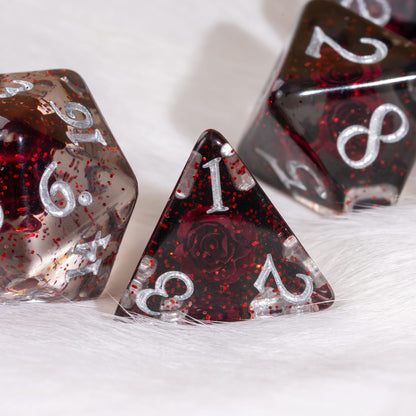 Bleeding Rose Dice Set – 8pc Resin Dice with a Red Rose and Glitter
