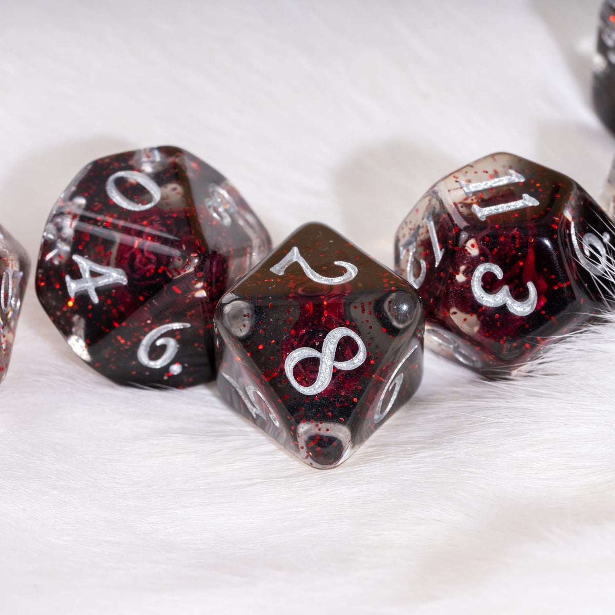 Bleeding Rose Dice Set – 8pc Resin Dice with a Red Rose and Glitter