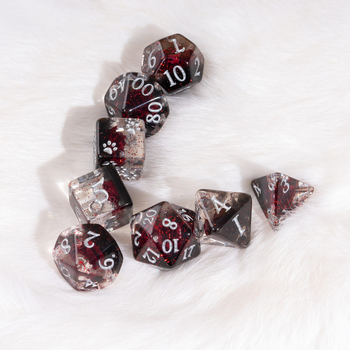 Bleeding Rose Dice Set – 8pc Resin Dice with a Red Rose and Glitter