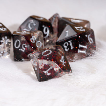 Bleeding Rose Dice Set – 8pc Resin Dice with a Red Rose and Glitter