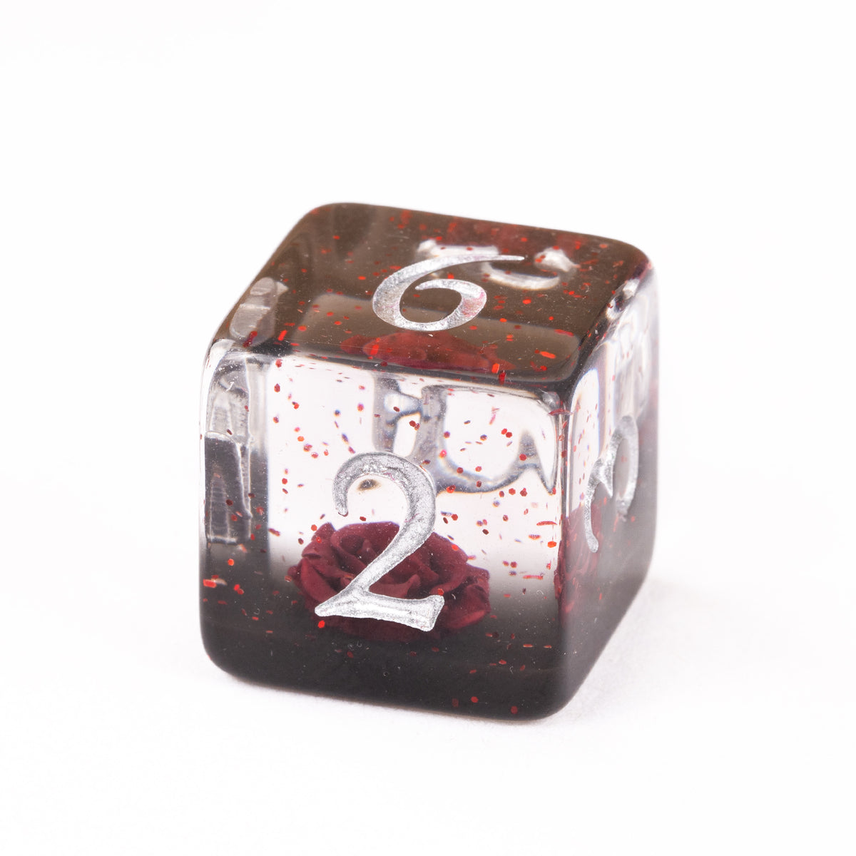 Bleeding Rose Dice Set – 8pc Resin Dice with a Red Rose and Glitter