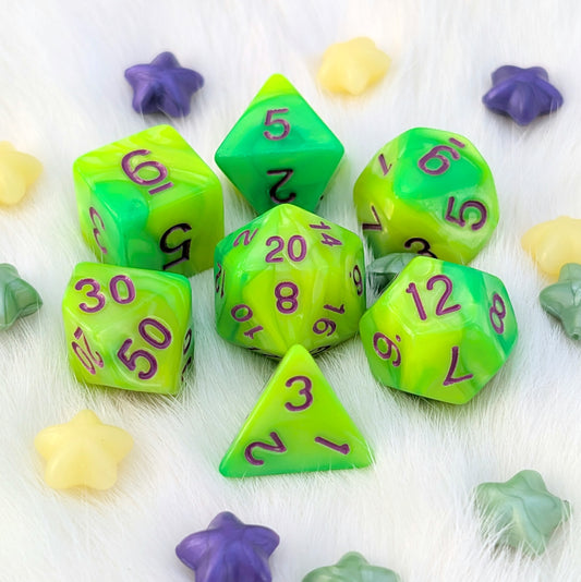 Cauldron Slime 7-piece acrylic DnD dice set in bright lemon-lime green with pearly marbled swirls and purple numbering