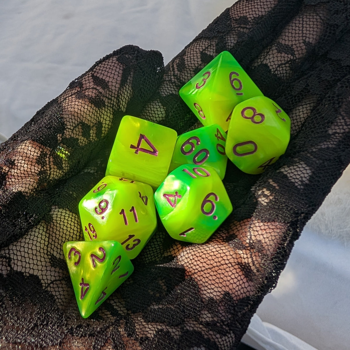 Green DnD Dice Set - Pearly Marbled Acrylic - Cauldron Slime