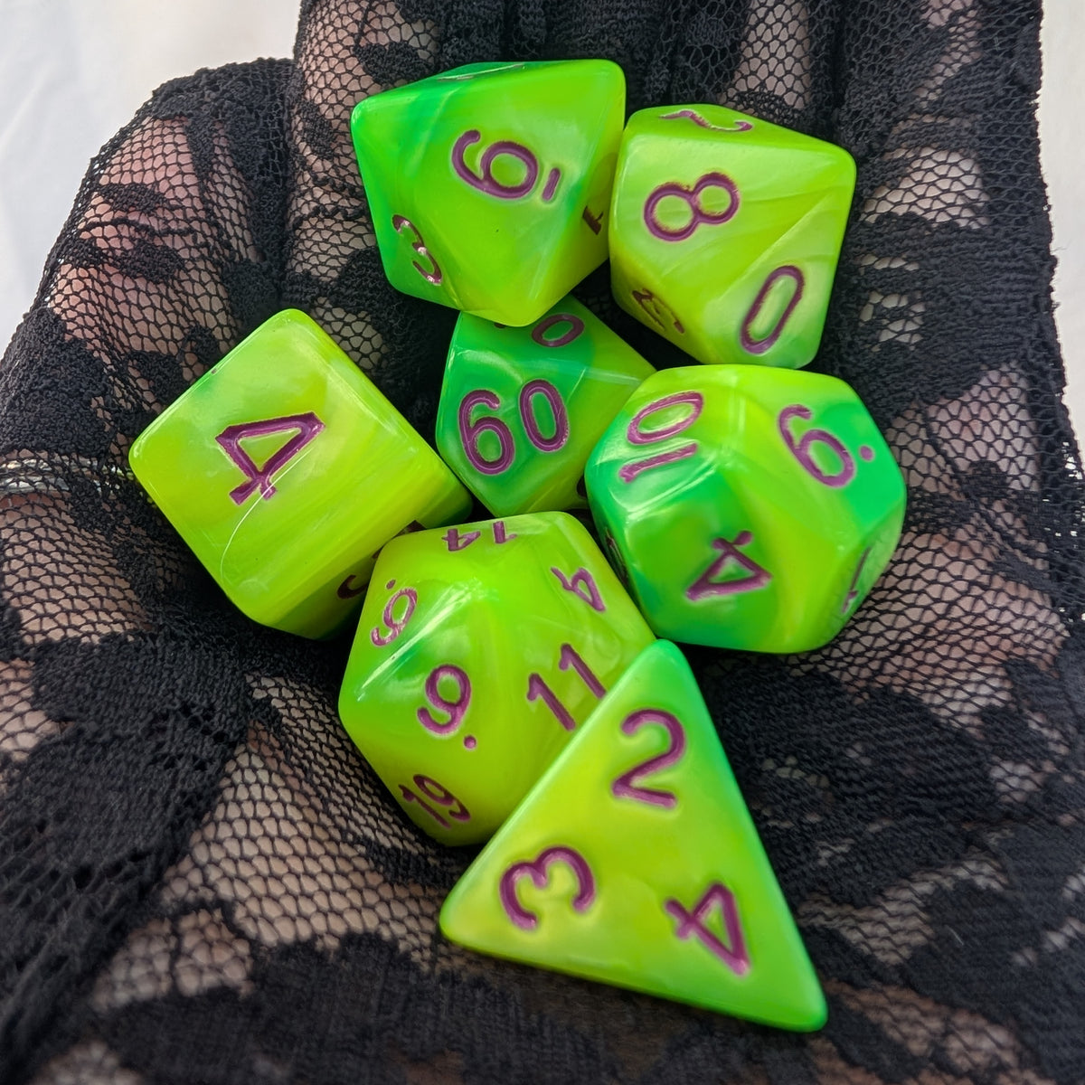 Green DnD Dice Set - Pearly Marbled Acrylic - Cauldron Slime