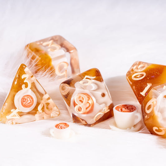 Coffee Cup Dice Set – 8pc Resin Dice with Tiny Cup & Saucer Latte Art Dice sets Fennek and Finch