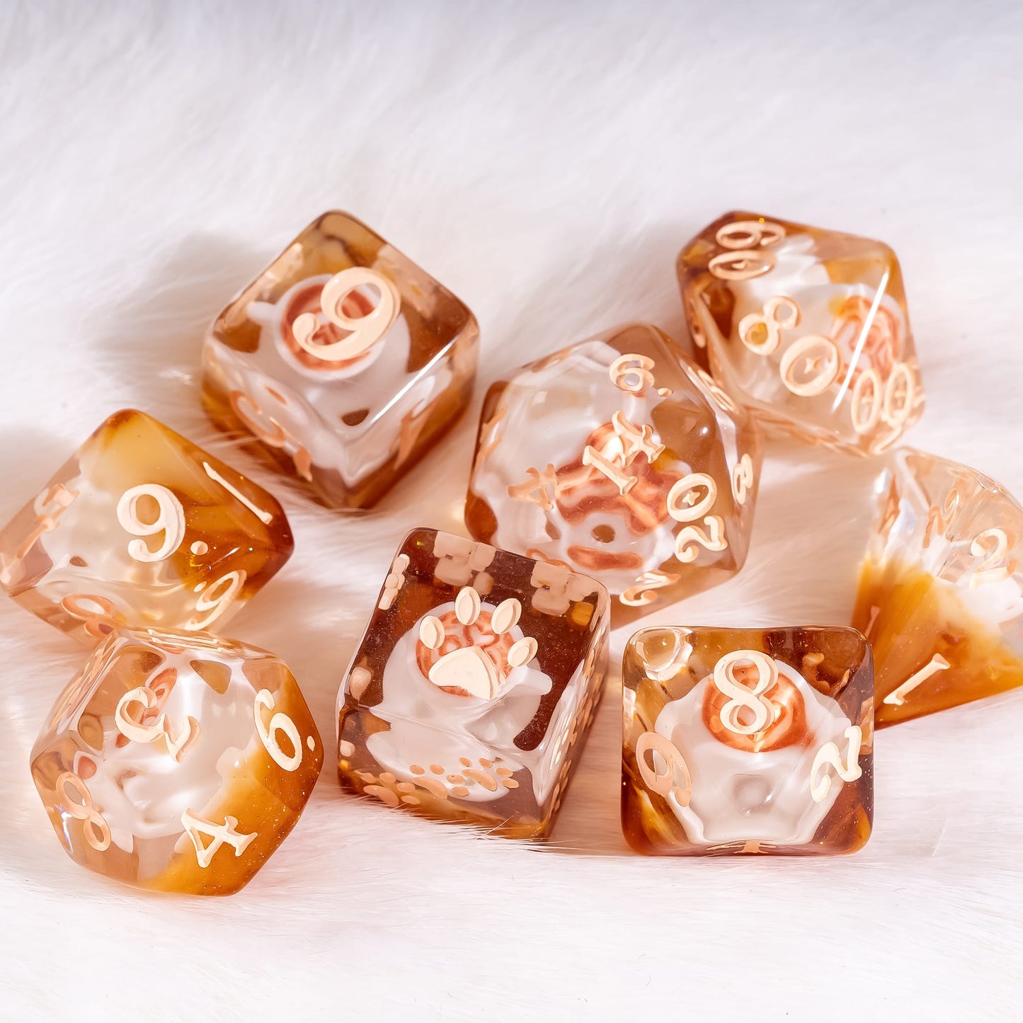 Coffee Cup Dice Set – 8pc Resin Dice with Tiny Cup & Saucer Latte Art Dice sets Fennek and Finch
