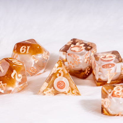 Coffee Cup Dice Set – 8pc Resin Dice with Tiny Cup & Saucer Latte Art Dice sets Fennek and Finch