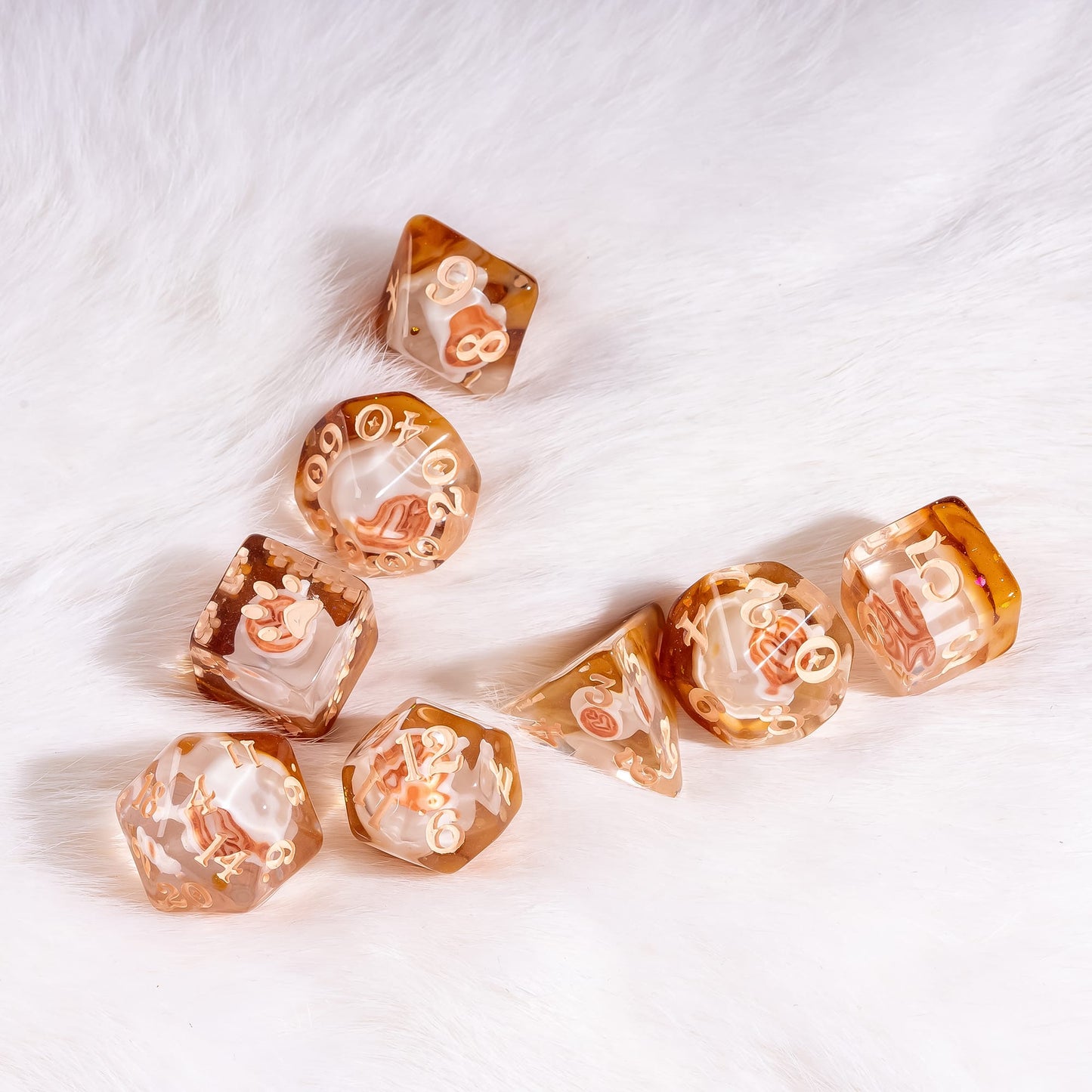 Coffee Cup Dice Set – 8pc Resin Dice with Tiny Cup & Saucer Latte Art Dice sets Fennek and Finch
