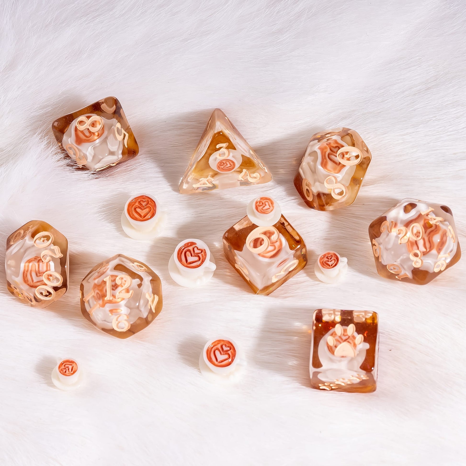 Coffee Cup Dice Set – 8pc Resin Dice with Tiny Cup & Saucer Latte Art Dice sets Fennek and Finch