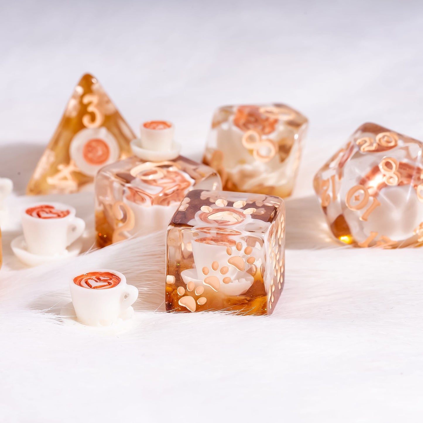 Coffee Cup Dice Set – 8pc Resin Dice with Tiny Cup & Saucer Latte Art Dice sets Fennek and Finch