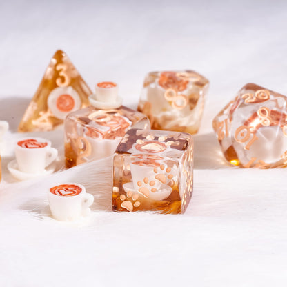 Coffee Cup Dice Set – 8pc Resin Dice with Tiny Cup & Saucer Latte Art Dice sets Fennek and Finch