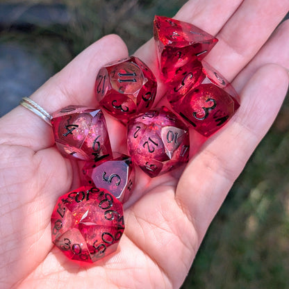 Red Liquid Core DnD Dice Set - Diamond Cut Glitter - Crimson Conjuring