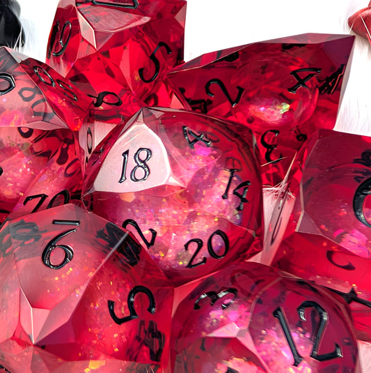 Red Liquid Core DnD Dice Set - Diamond Cut Glitter - Crimson Conjuring