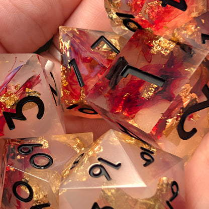 Blood Effect Sharp Edge DnD Dice Set - White & Red - Crimson Relic