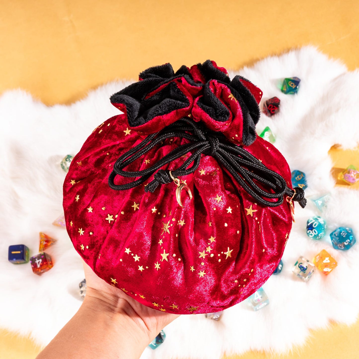 Starry Red and Black Dice Bag – Multi-Pocket Velvet Pouch with Moon Charms