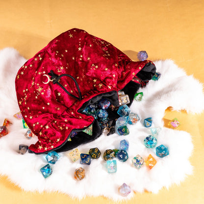 Starry Red and Black Dice Bag – Multi-Pocket Velvet Pouch with Moon Charms