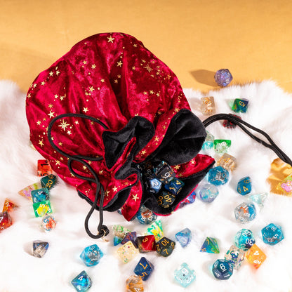 Starry Red and Black Dice Bag – Multi-Pocket Velvet Pouch with Moon Charms