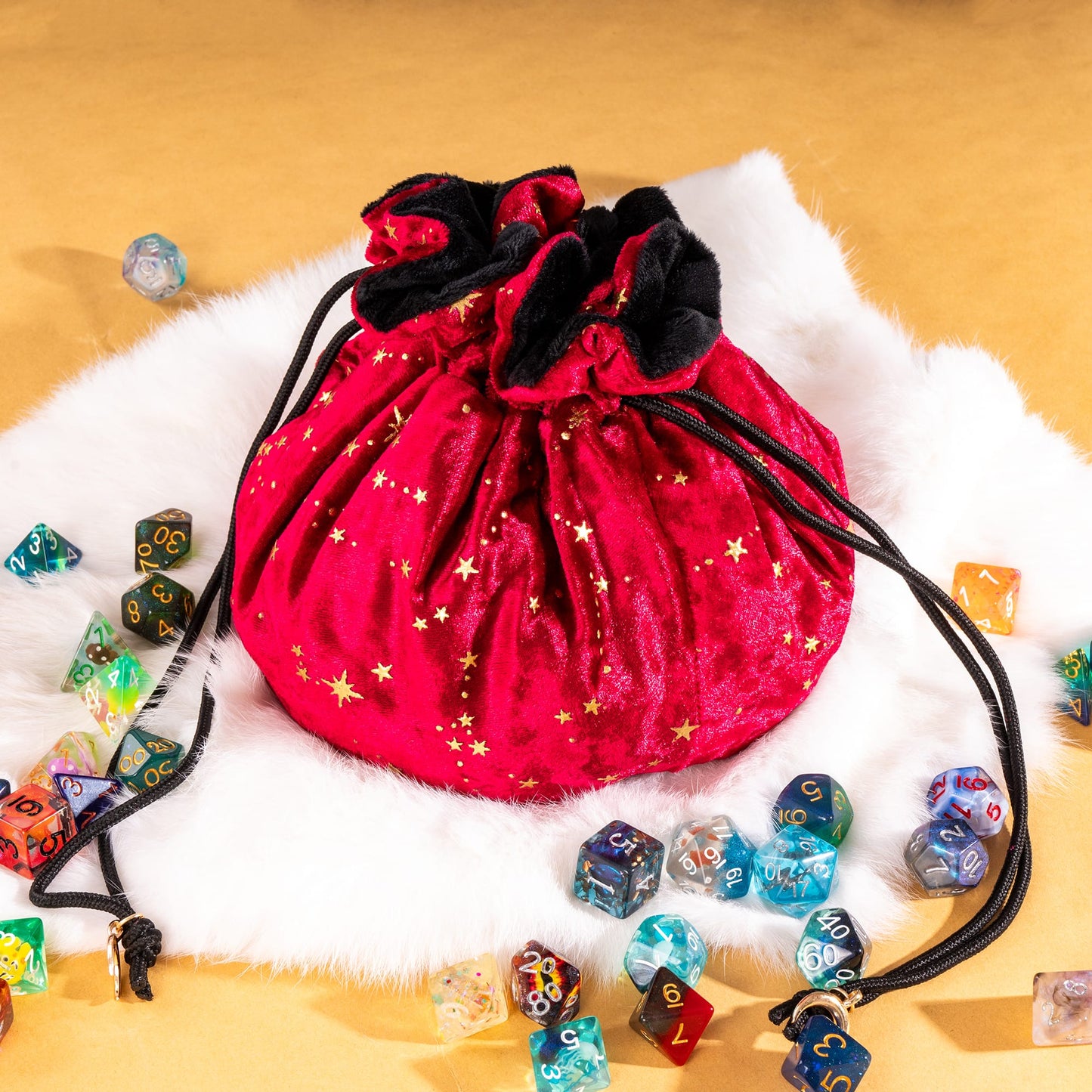 Starry Red and Black Dice Bag – Multi-Pocket Velvet Pouch with Moon Charms