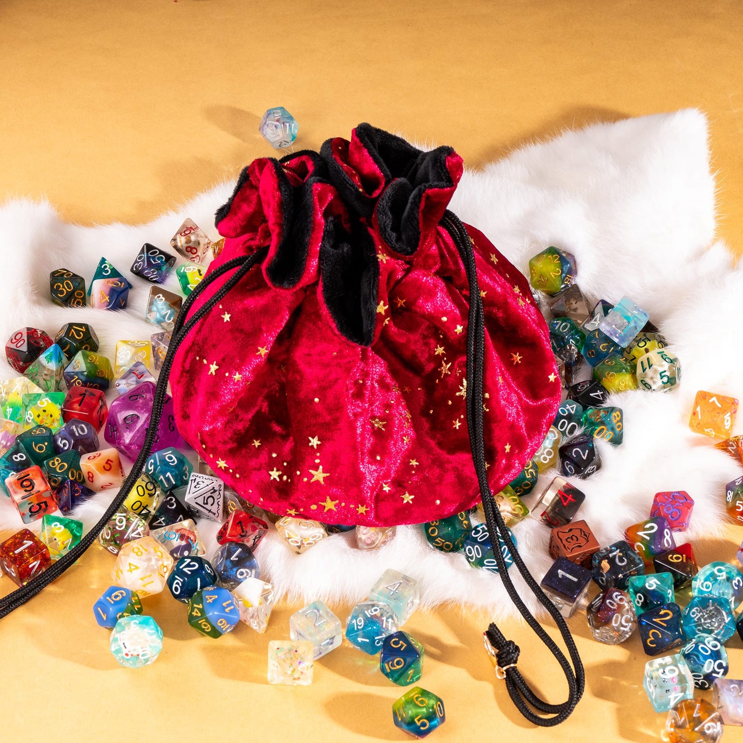 Starry Red and Black Dice Bag – Multi-Pocket Velvet Pouch with Moon Charms
