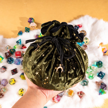 Starry Olive Green and Black Dice Bag – Multi-Pocket Velvet Pouch with Moon Charms