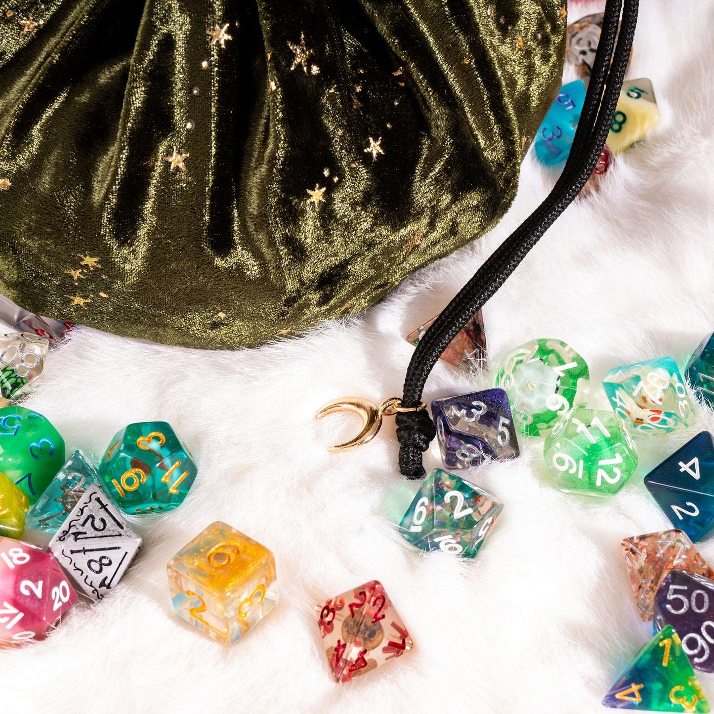 Starry Olive Green and Black Dice Bag – Multi-Pocket Velvet Pouch with Moon Charms