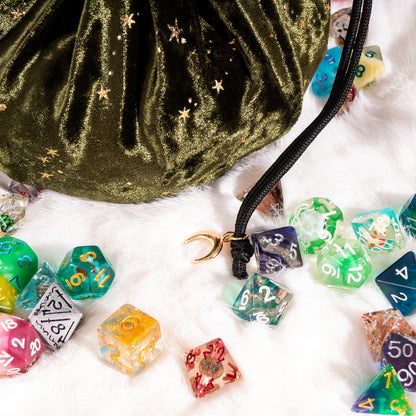 Starry Olive Green and Black Dice Bag – Multi-Pocket Velvet Pouch with Moon Charms