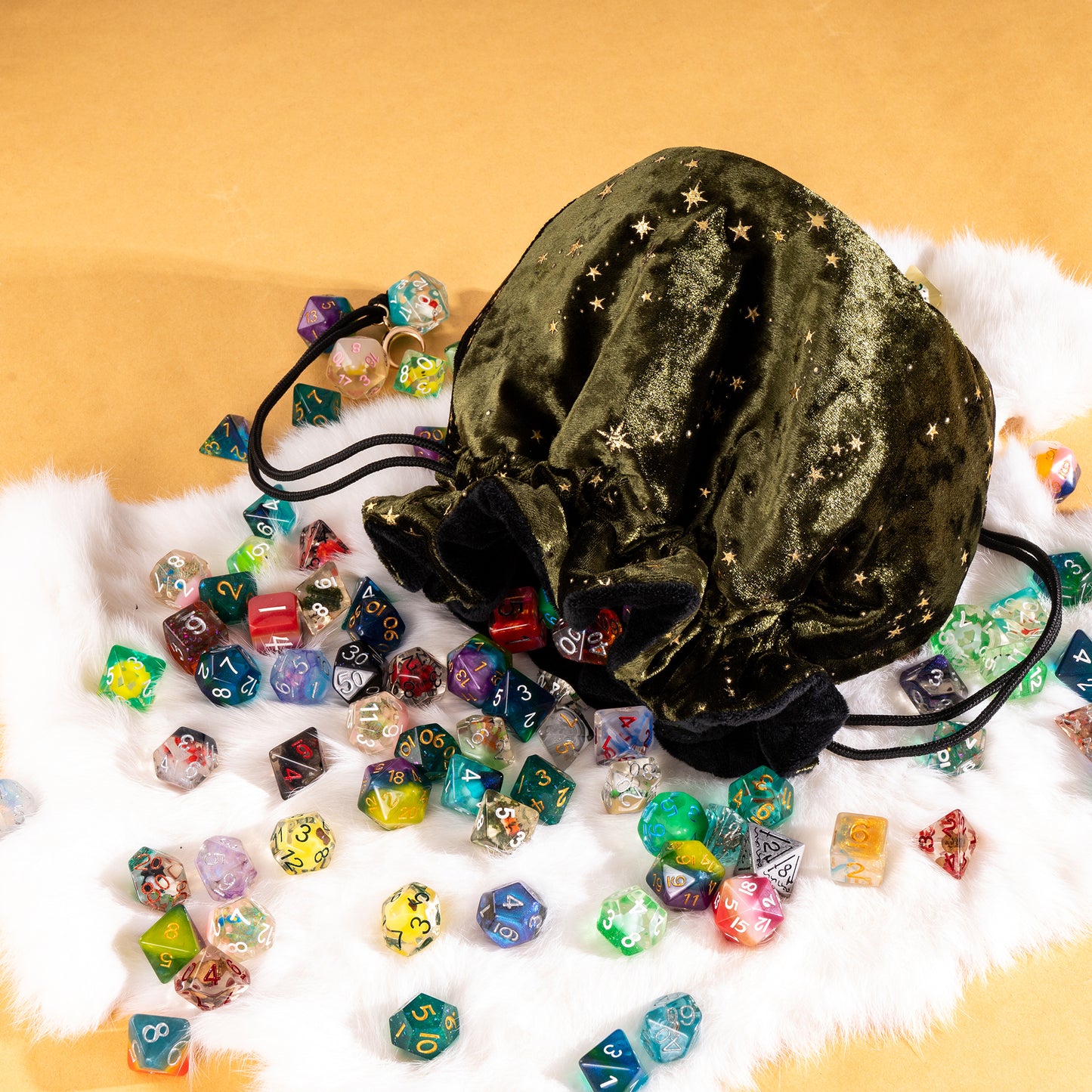 Starry Olive Green and Black Dice Bag – Multi-Pocket Velvet Pouch with Moon Charms