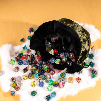 Starry Olive Green and Black Dice Bag – Multi-Pocket Velvet Pouch with Moon Charms