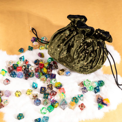 Starry Olive Green and Black Dice Bag – Multi-Pocket Velvet Pouch with Moon Charms