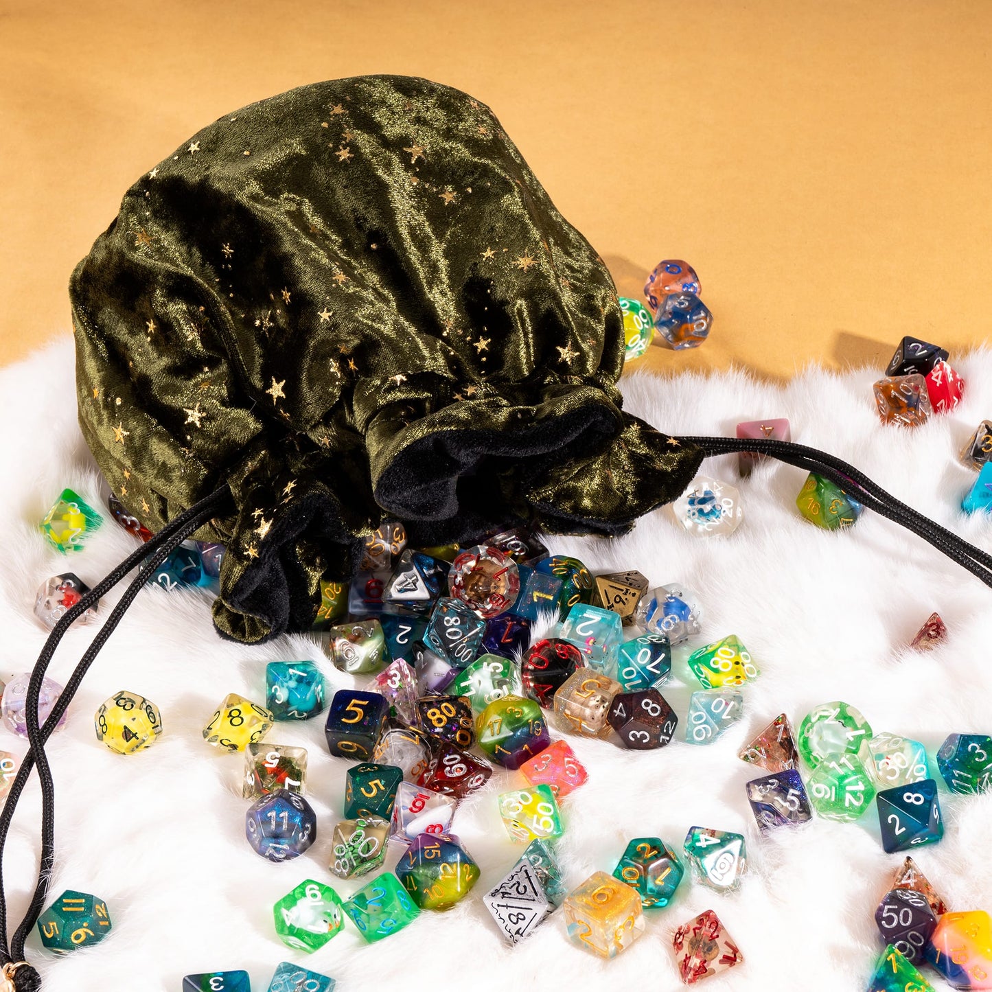 Starry Olive Green and Black Dice Bag – Multi-Pocket Velvet Pouch with Moon Charms