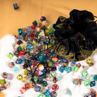Starry Olive Green and Black Dice Bag – Multi-Pocket Velvet Pouch with Moon Charms