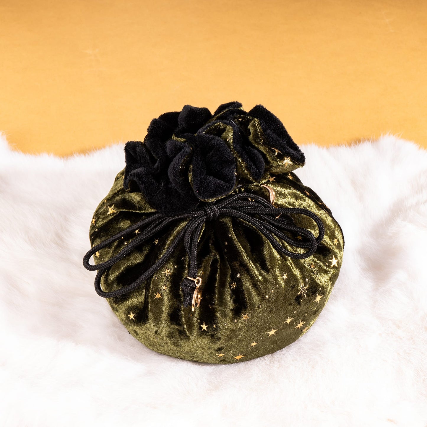 Starry Olive Green and Black Dice Bag – Multi-Pocket Velvet Pouch with Moon Charms