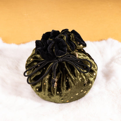 Starry Olive Green and Black Dice Bag – Multi-Pocket Velvet Pouch with Moon Charms