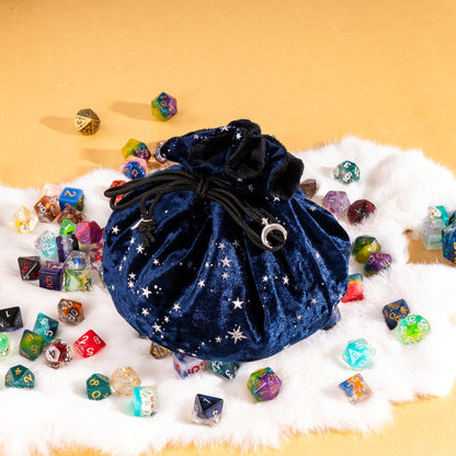 Starry Blue and Black Dice Bag – Multi-Pocket Velvet Pouch with Moon Charms