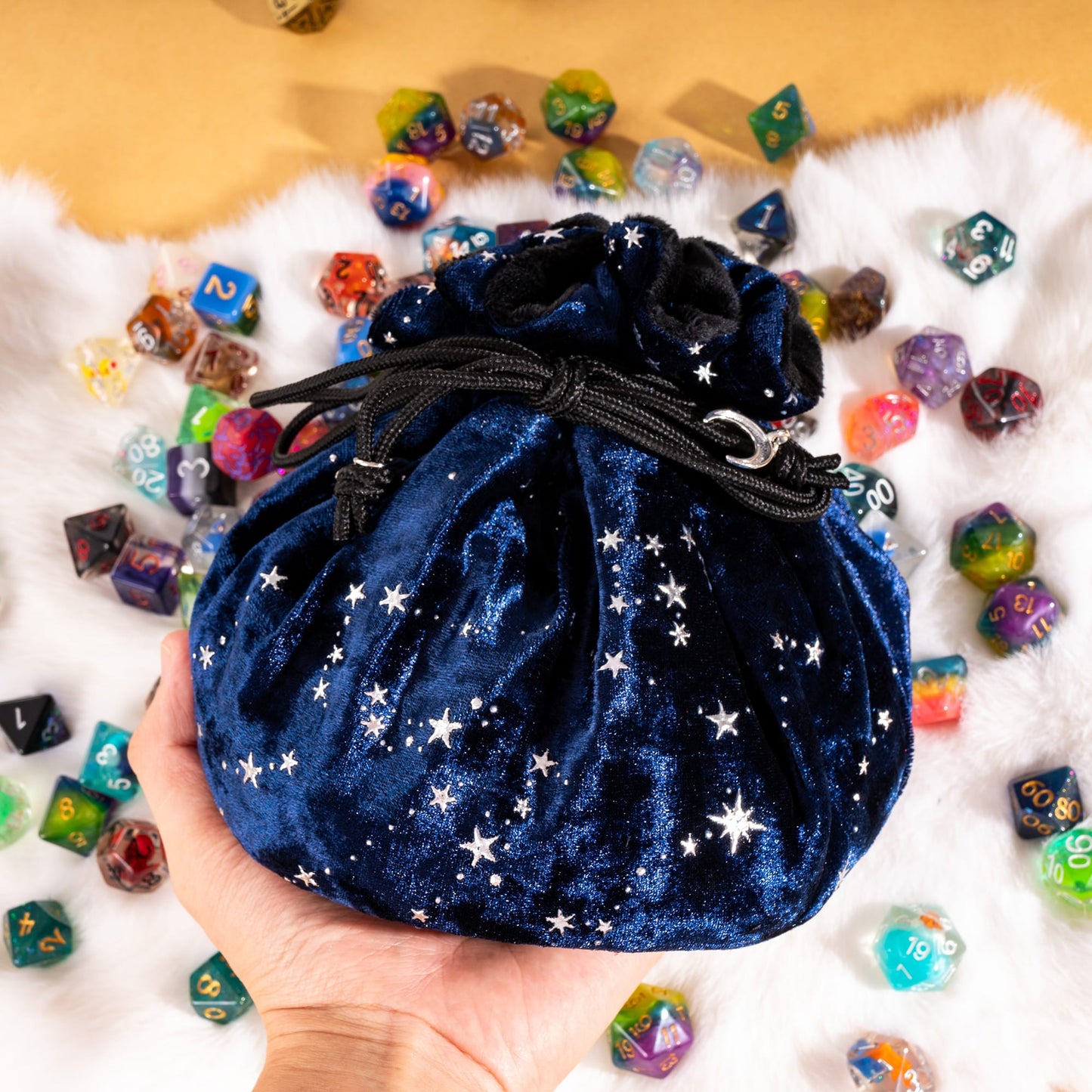 Starry Blue and Black Dice Bag – Multi-Pocket Velvet Pouch with Moon Charms