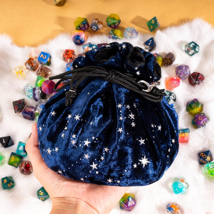 Starry Blue and Black Dice Bag – Multi-Pocket Velvet Pouch with Moon Charms
