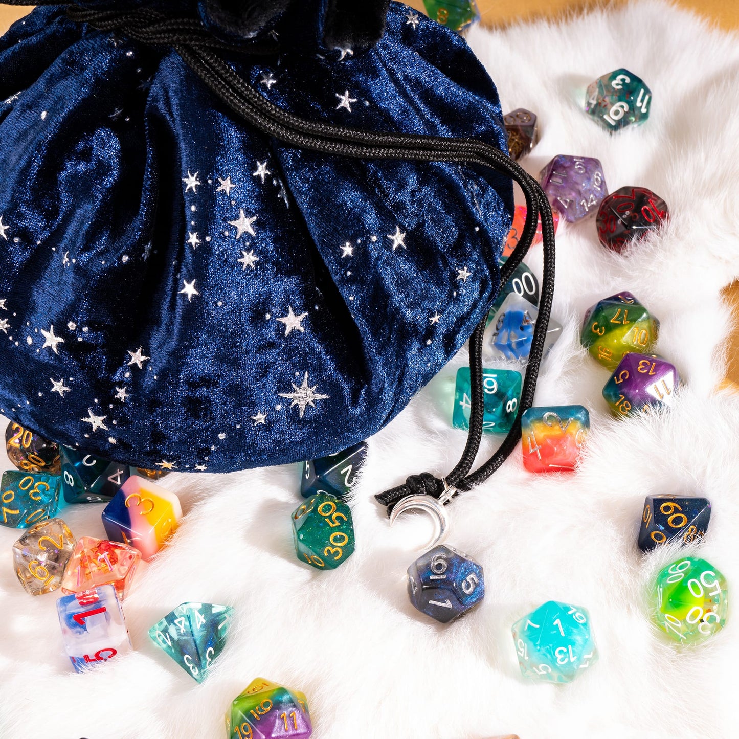 Starry Blue and Black Dice Bag – Multi-Pocket Velvet Pouch with Moon Charms