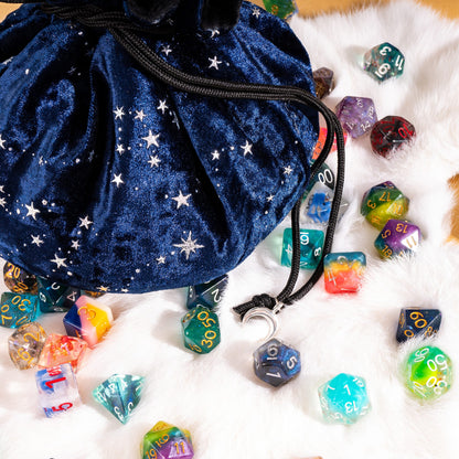 Starry Blue and Black Dice Bag – Multi-Pocket Velvet Pouch with Moon Charms