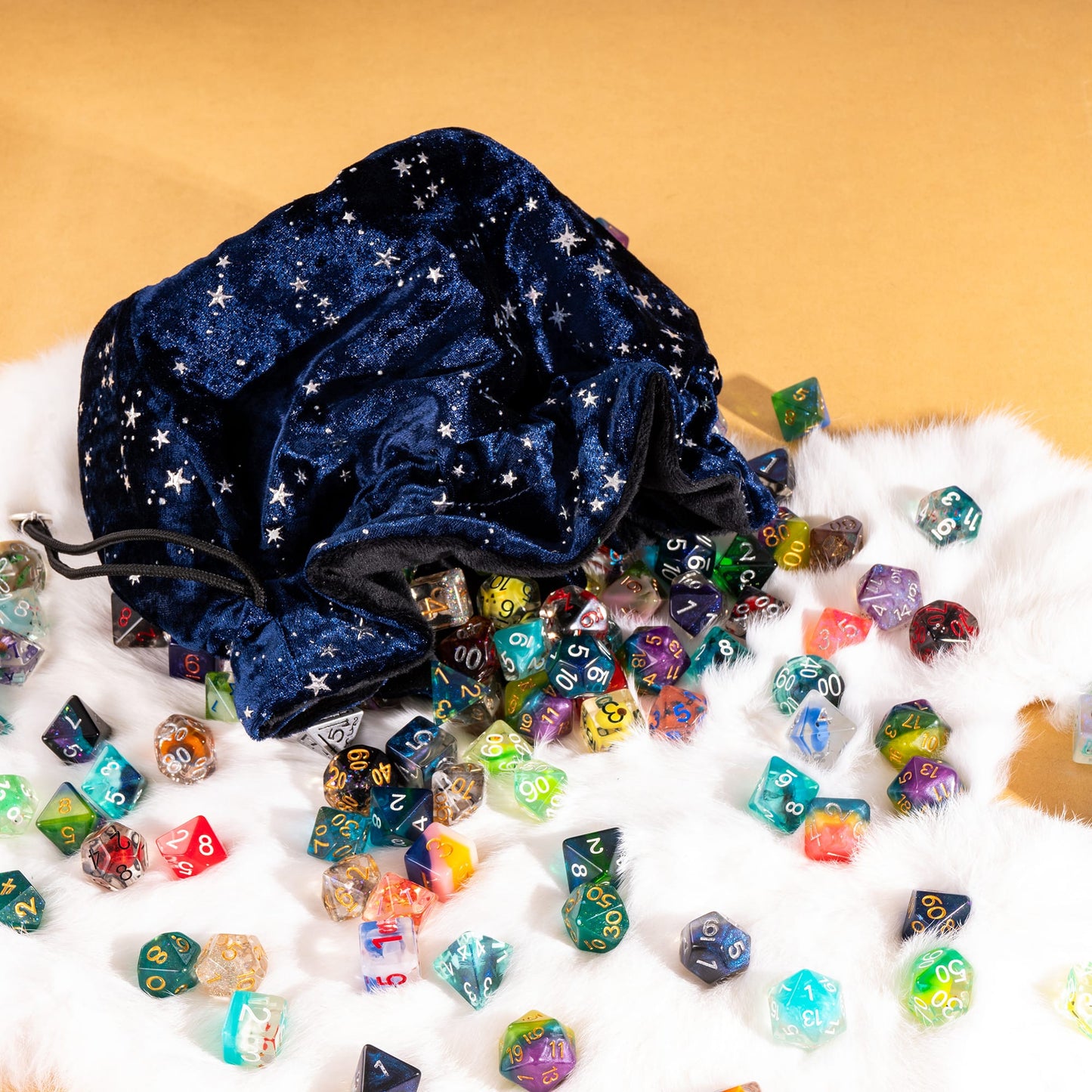 Starry Blue and Black Dice Bag – Multi-Pocket Velvet Pouch with Moon Charms