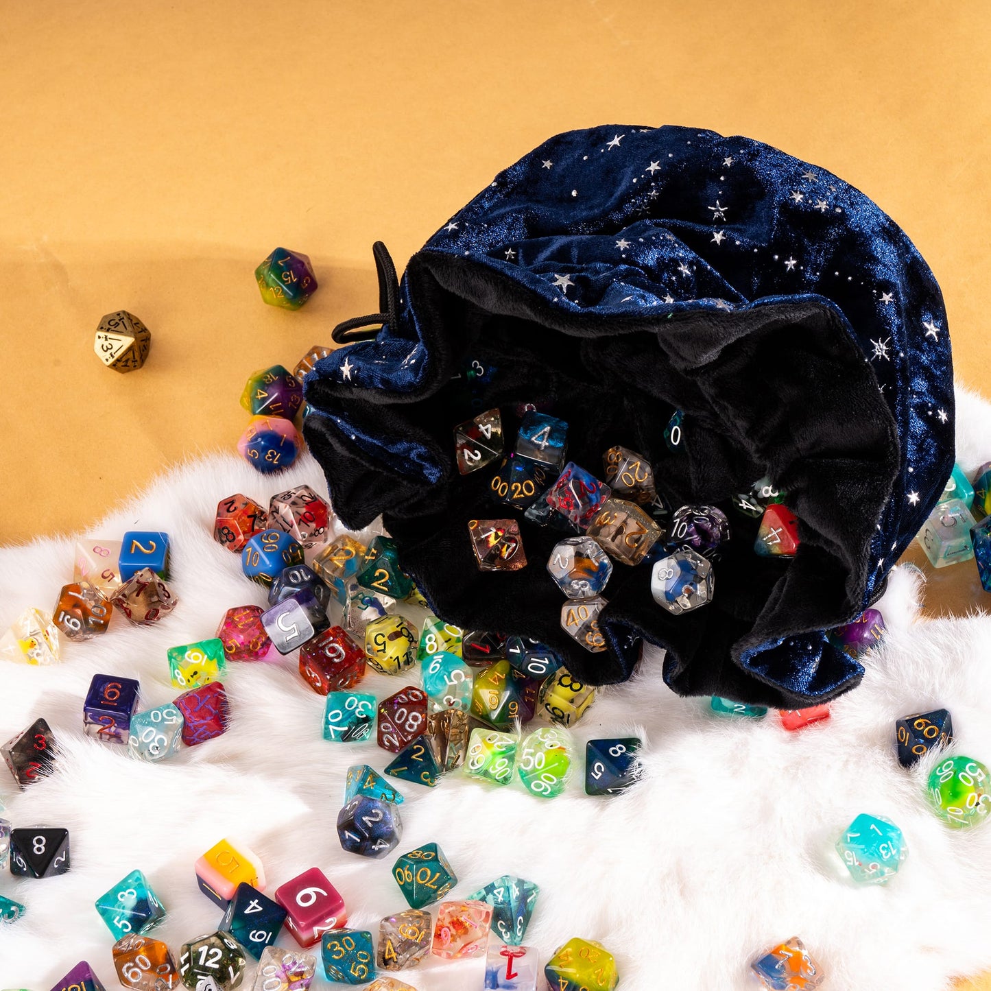 Starry Blue and Black Dice Bag – Multi-Pocket Velvet Pouch with Moon Charms
