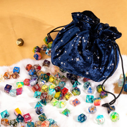 Starry Blue and Black Dice Bag – Multi-Pocket Velvet Pouch with Moon Charms