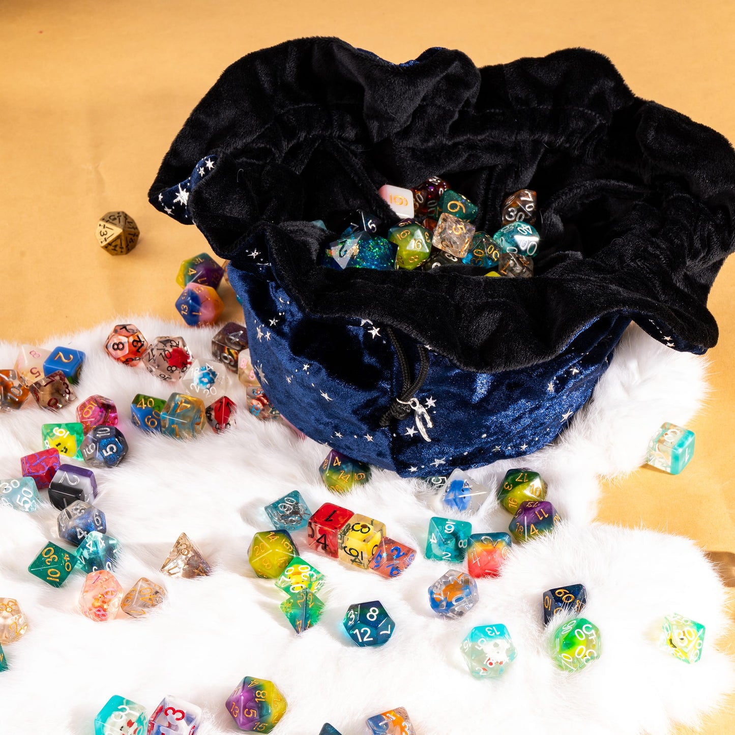 Starry Blue and Black Dice Bag – Multi-Pocket Velvet Pouch with Moon Charms