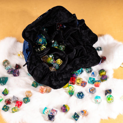 Starry Blue and Black Dice Bag – Multi-Pocket Velvet Pouch with Moon Charms