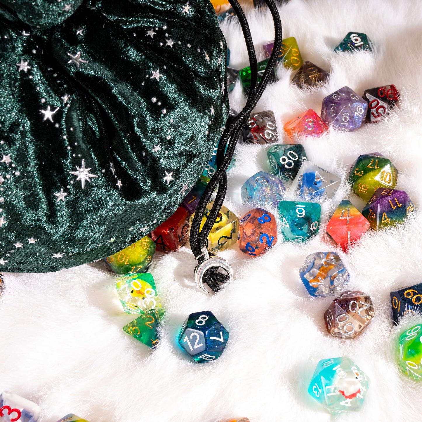 Starry Forest Green Dice Bag – Multi-Pocket Velvet Pouch with Moon Charms