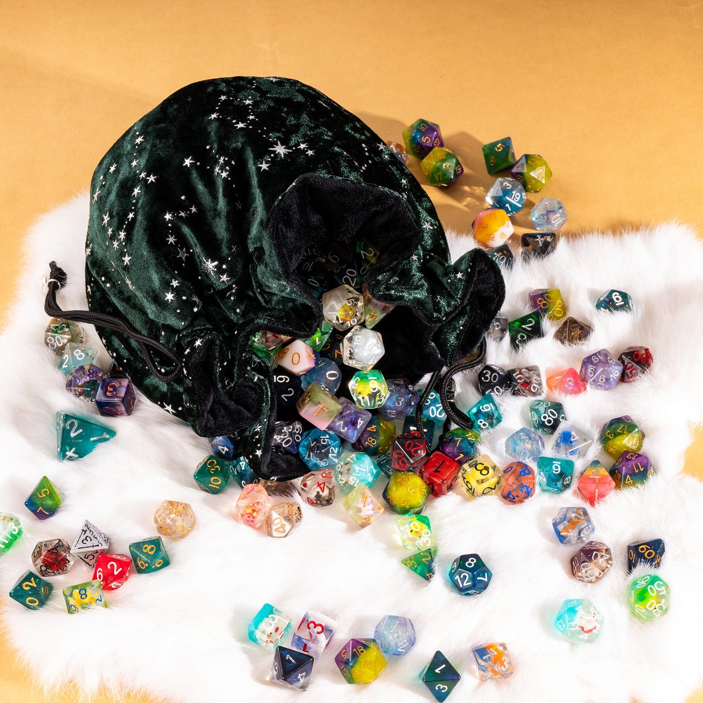 Starry Forest Green Dice Bag – Multi-Pocket Velvet Pouch with Moon Charms