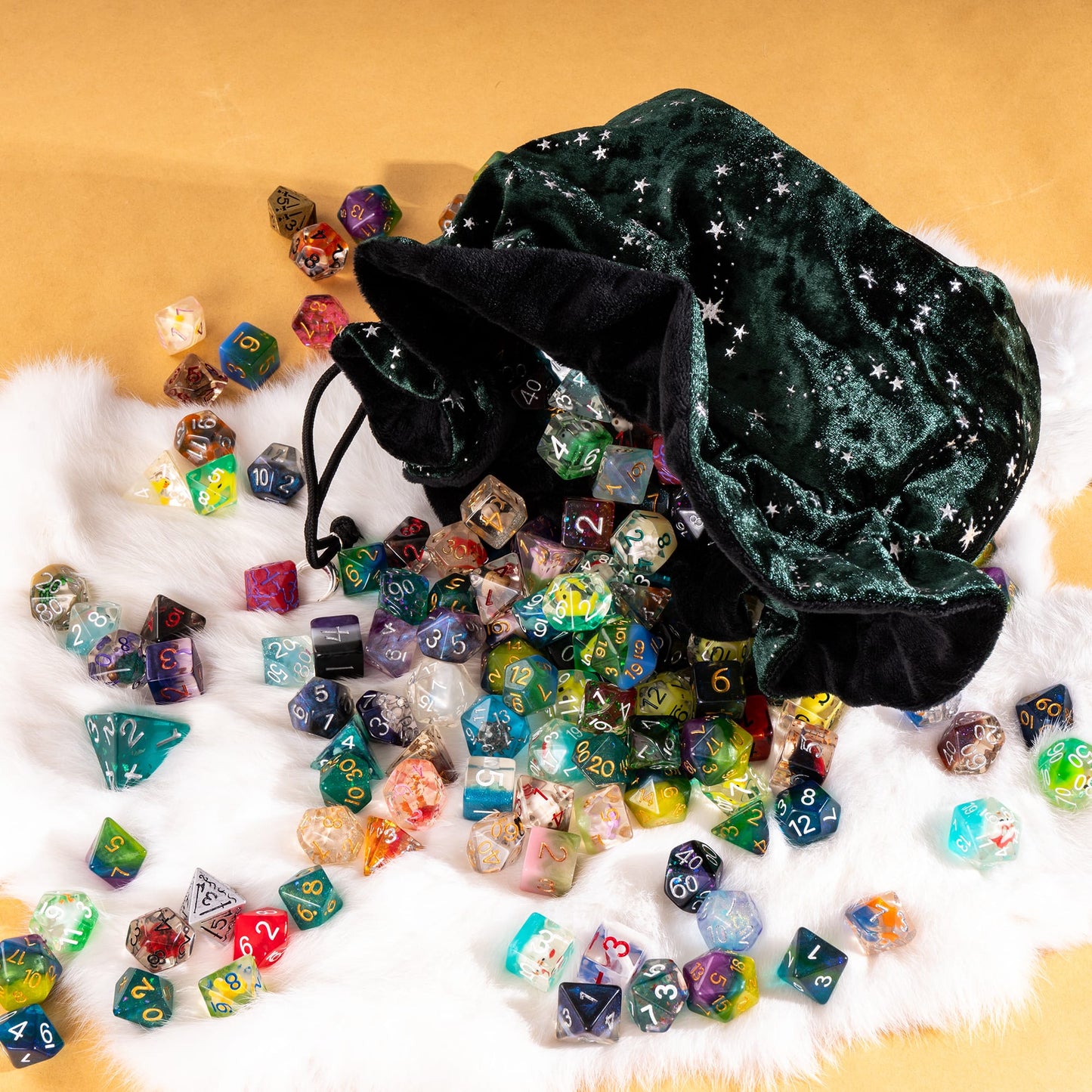 Starry Forest Green Dice Bag – Multi-Pocket Velvet Pouch with Moon Charms