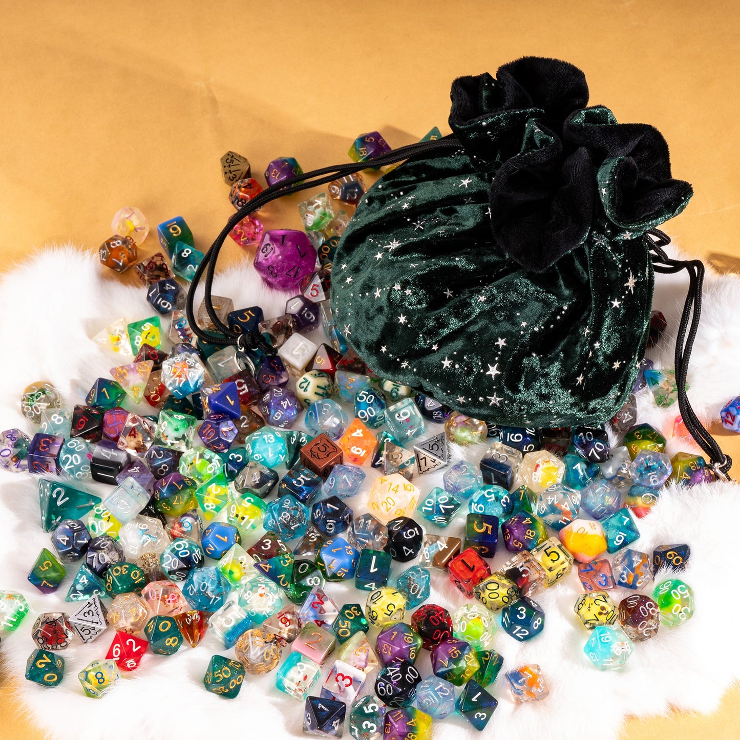 Starry Forest Green Dice Bag – Multi-Pocket Velvet Pouch with Moon Charms