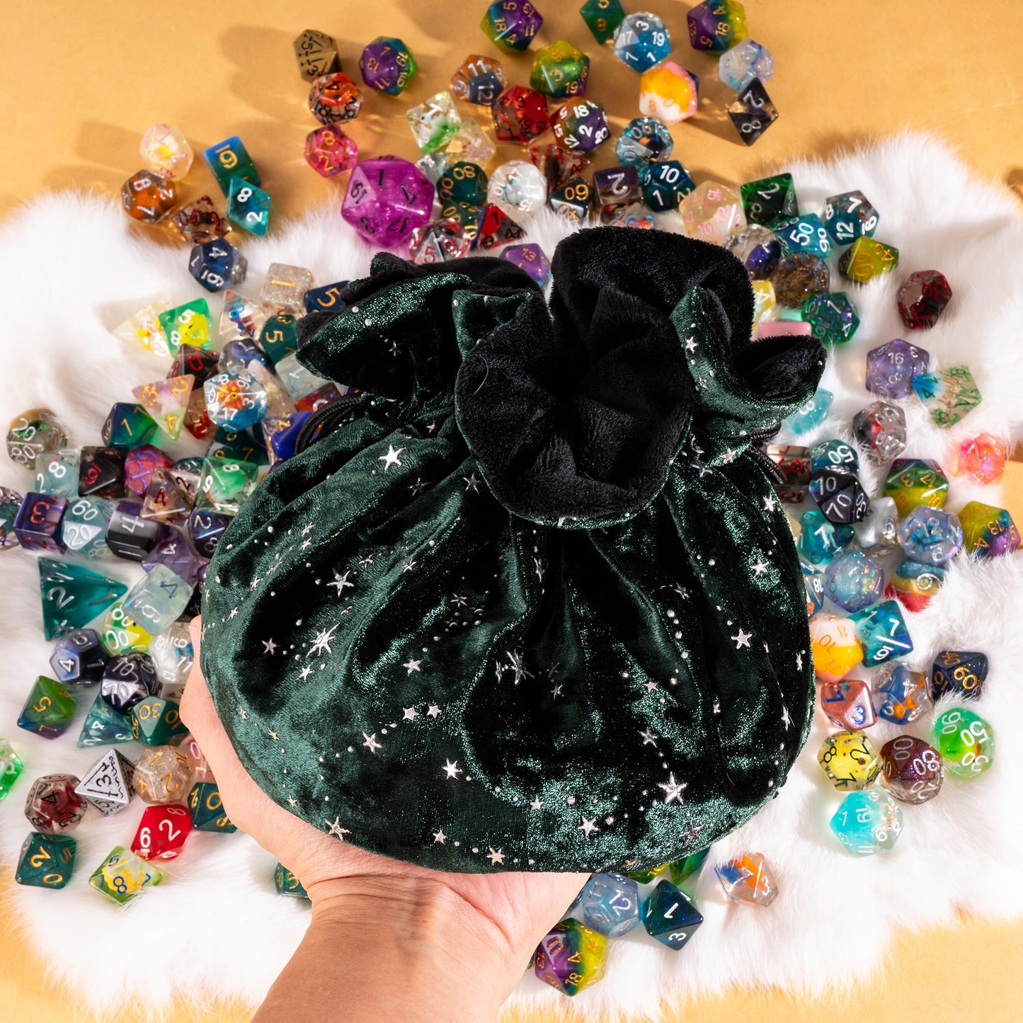 Starry Forest Green Dice Bag – Multi-Pocket Velvet Pouch with Moon Charms