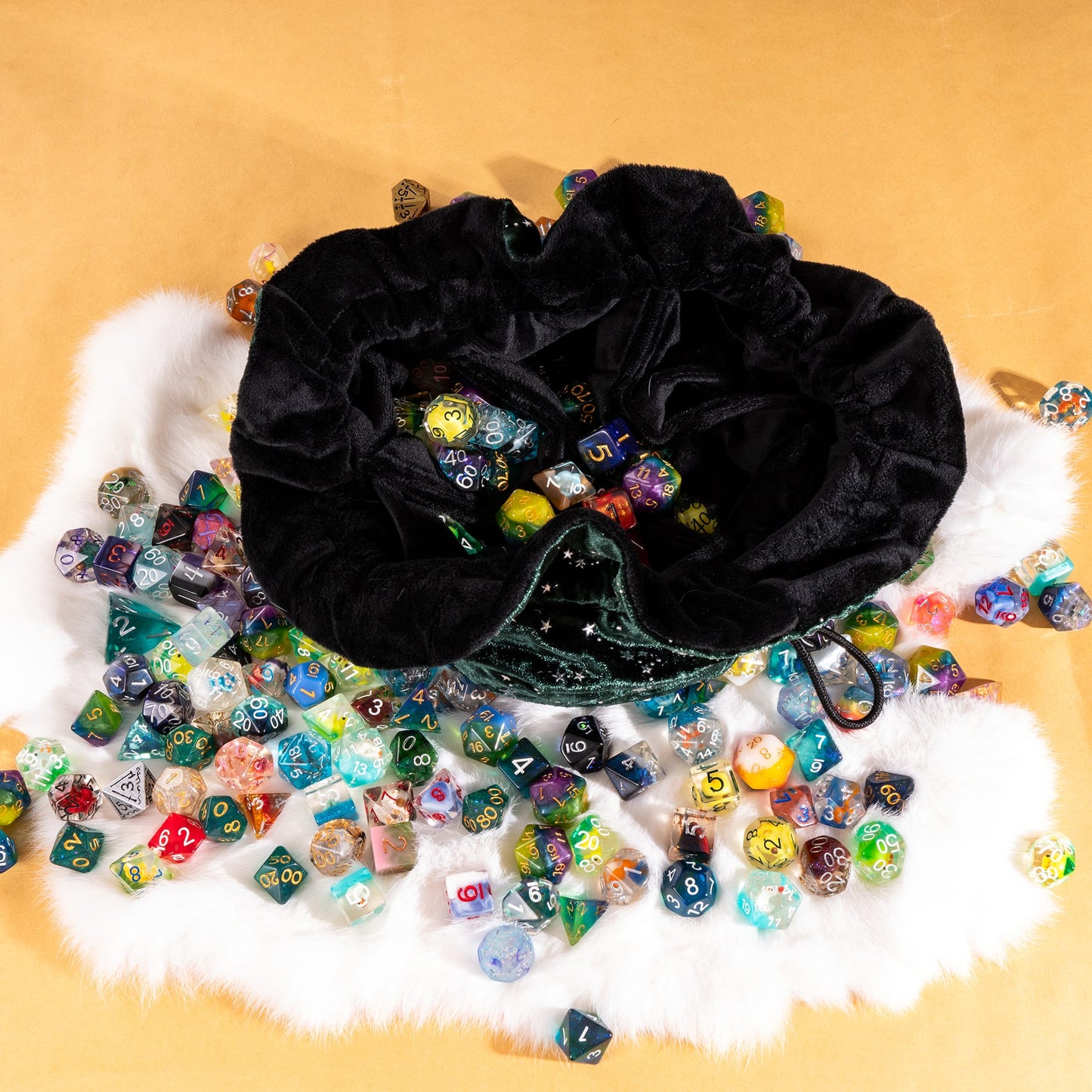 Starry Forest Green Dice Bag – Multi-Pocket Velvet Pouch with Moon Charms