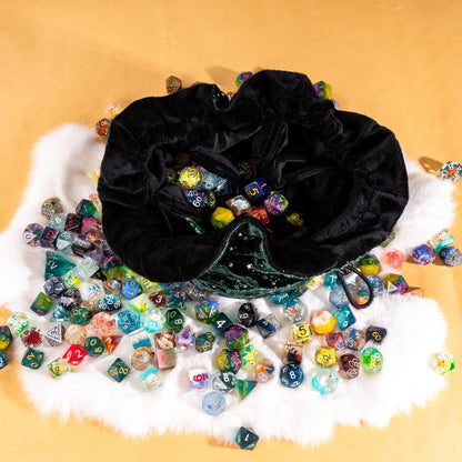 Starry Forest Green Dice Bag – Multi-Pocket Velvet Pouch with Moon Charms